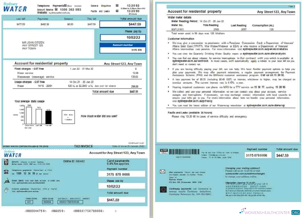 download download Australia Sydney Water utility bill, Word and PDF template, 2 pages PDF template PDF template